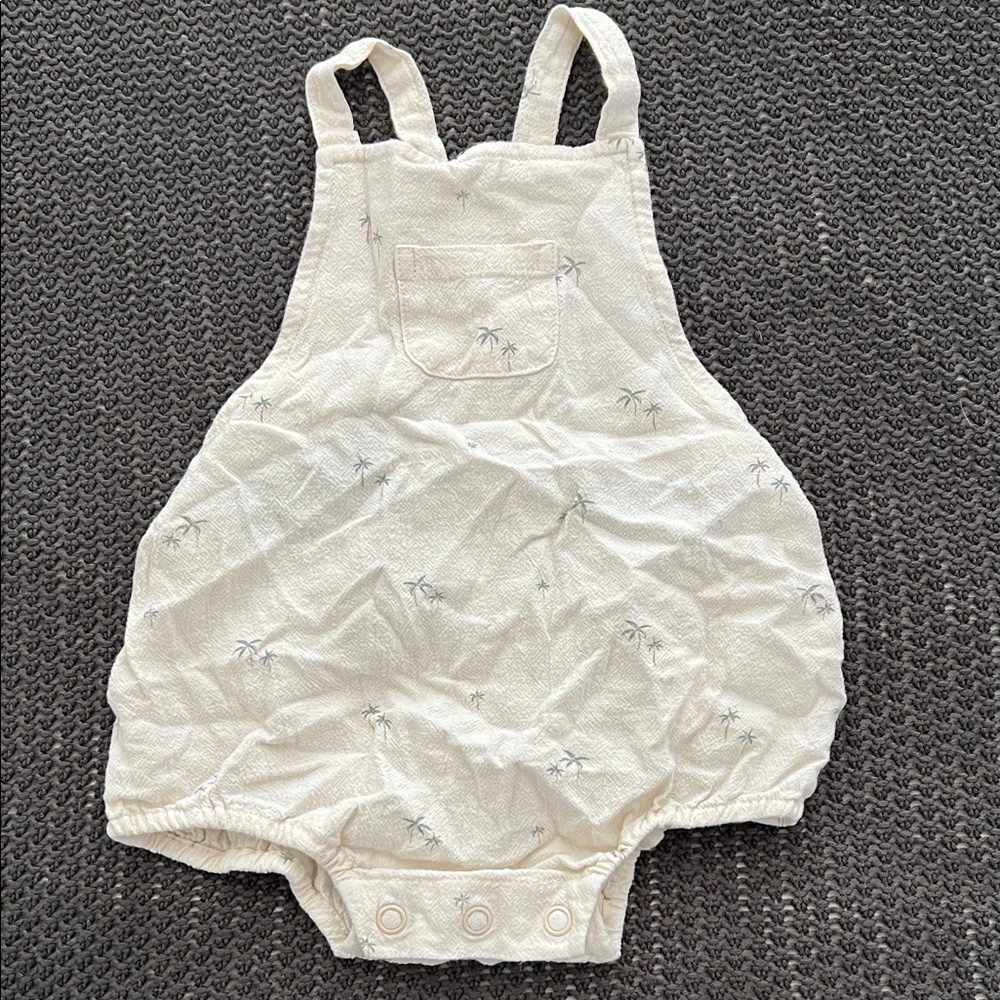 Rylee + Cru Cream Linen Baby Romper with Palm Trees and Button Detail